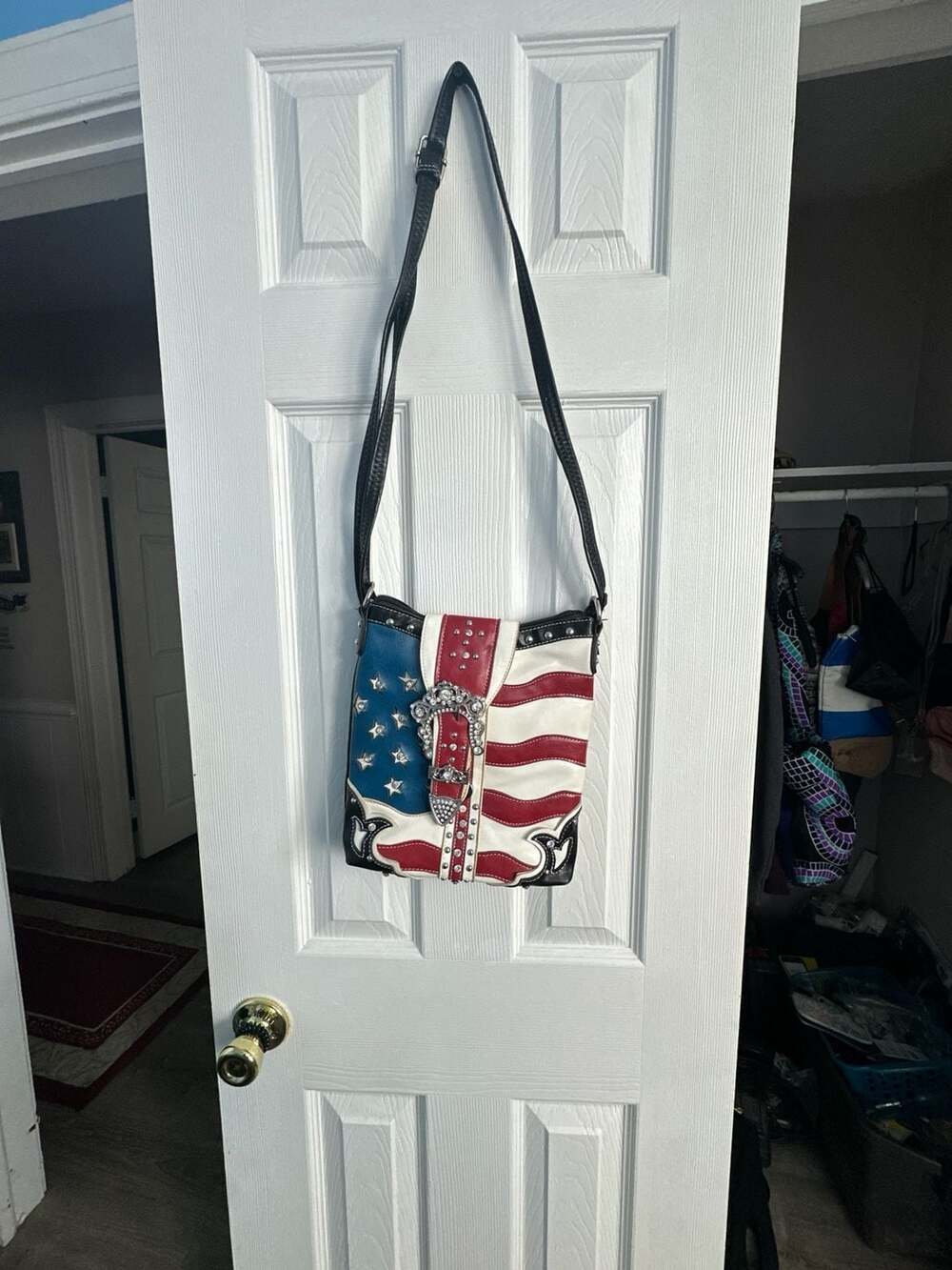 Texas West American Flag Rhinestone Buckle Crossbody Purse Bag